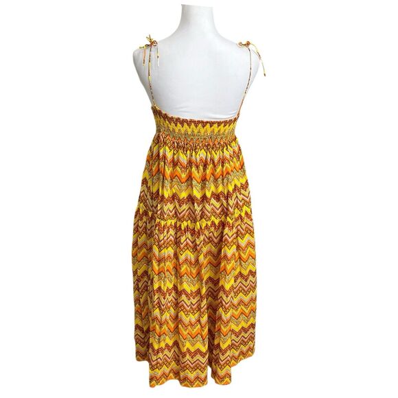 SWF Zigzag Midi Dress Women’s Size Small Yellow Smocked Cotton Tie Shoulder - Picture 6 of 10